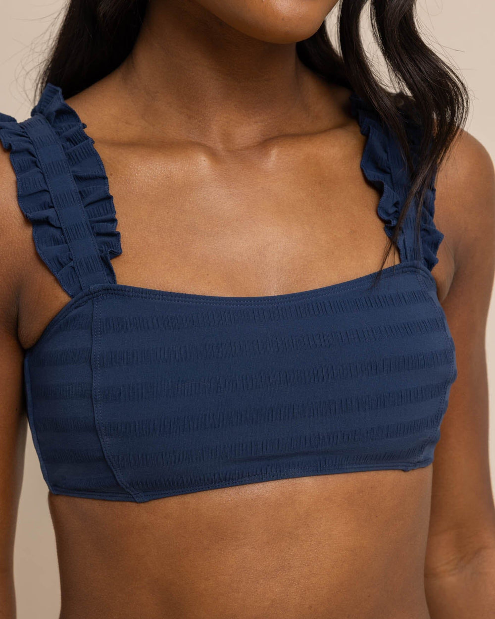 The detail view of the Southern Tide Ruffle Bikini Top in Texture by Southern Tide - Dress Blue