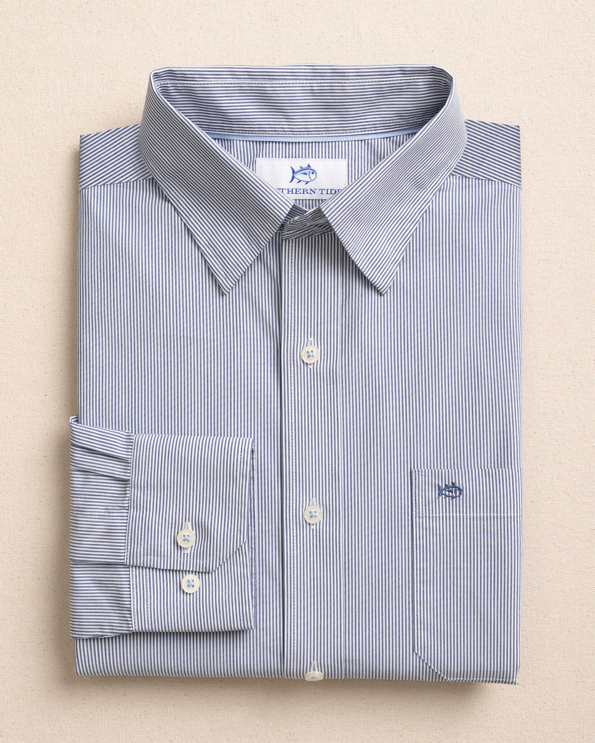 The front view of the Southern Tide Sampson Stripe Charleston Sport Shirt by Southern Tide - Nautical Blue