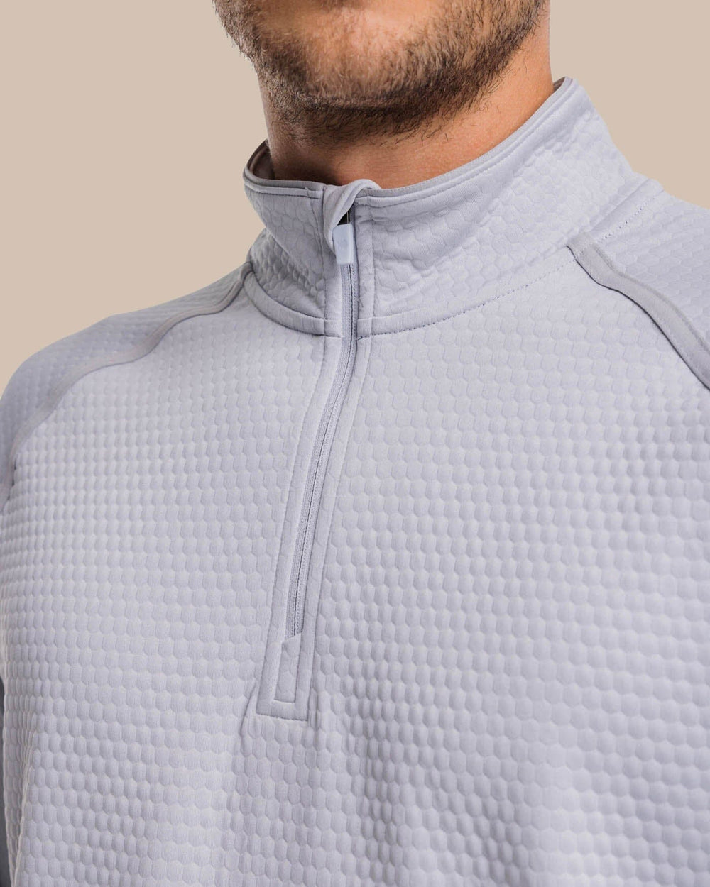 The detail view of the Southern Tide Scuttle Heather Quarter Zip Pullover by Southern Tide - Heather Slate Grey