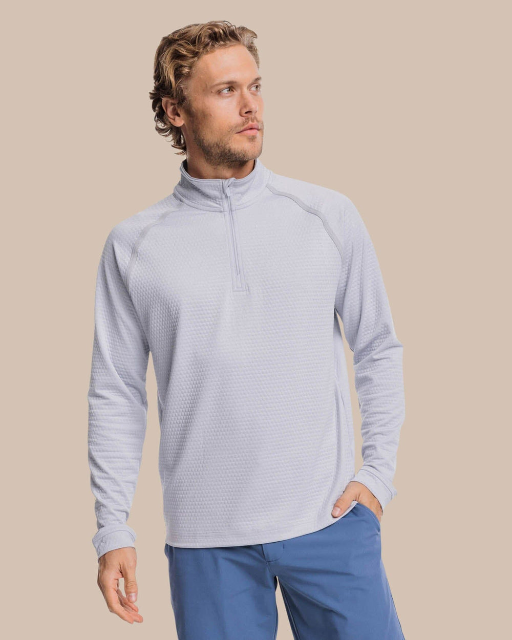 The front view of the Southern Tide Scuttle Heather Quarter Zip Pullover by Southern Tide - Heather Slate Grey