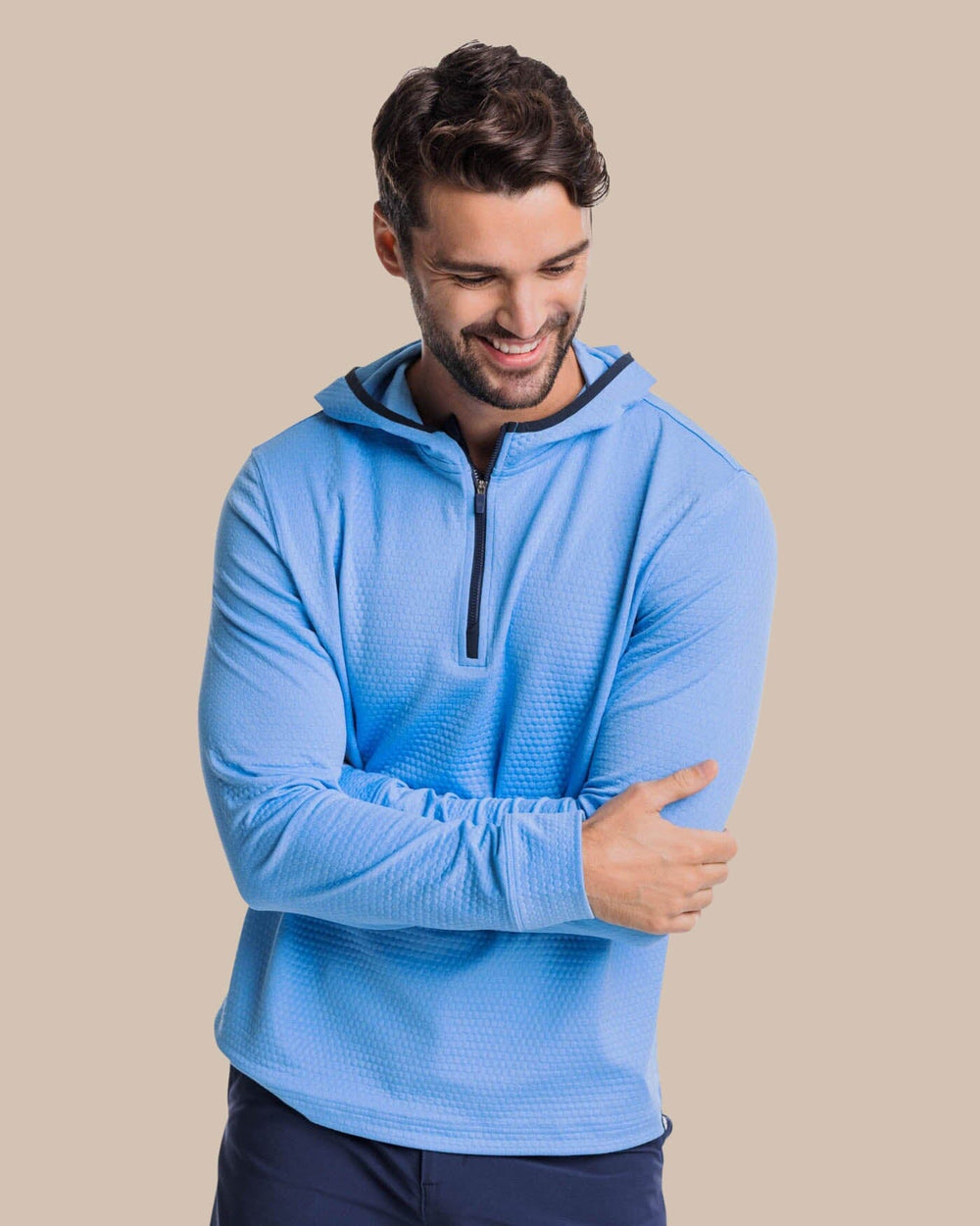 The front view of the Southern Tide Scuttle Heather Performance Quarter Zip Hoodie by Southern Tide - Heather Boat Blue