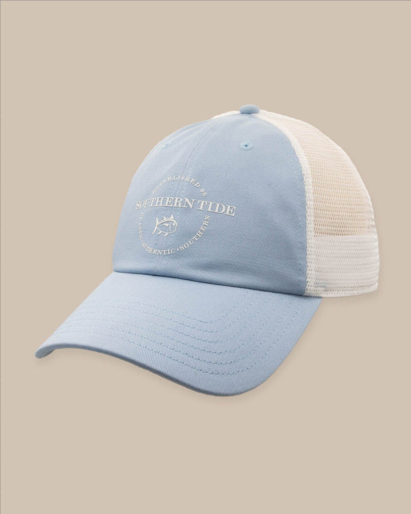 The front view of the Southern Tide Shackleford Trucker Hat by Southern Tide - Light Blue