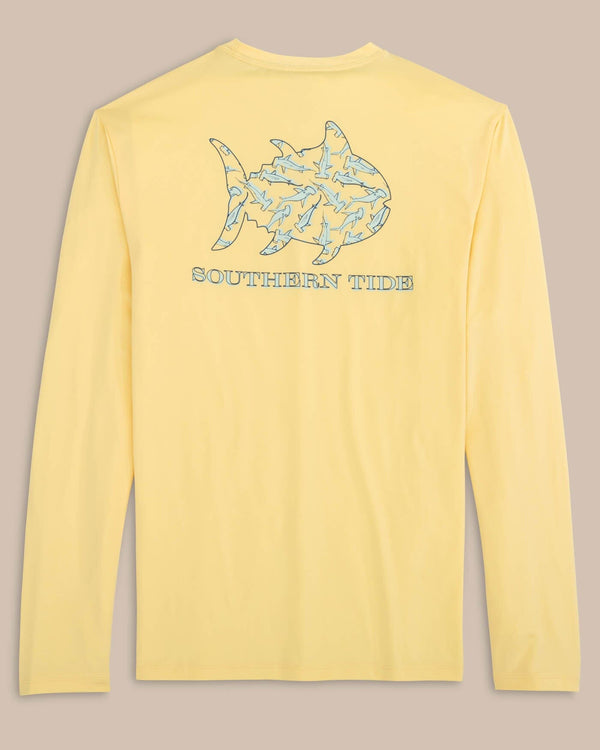 The back view of the Southern Tide Sharks and Skipjacks Performance Long Sleeve T-Shirt by Southern Tide - Golden Haze Yellow