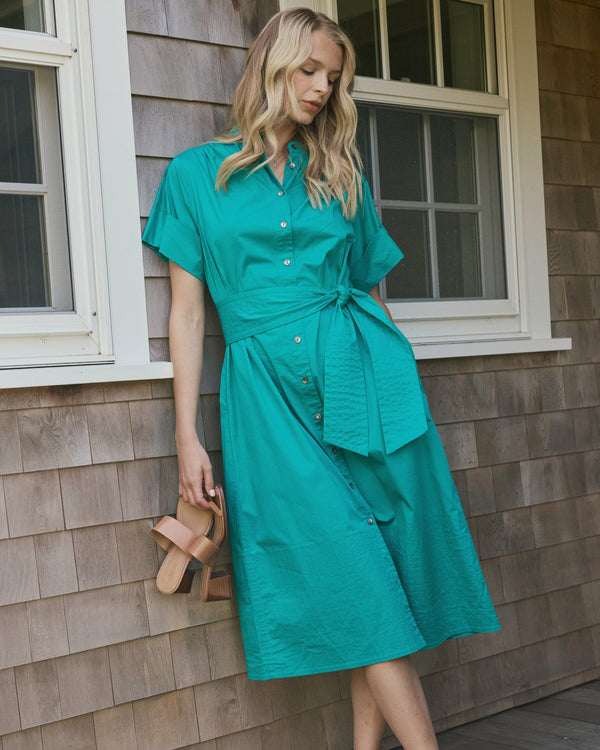 The lifestyle view of the Southern Tide Shelbi Midi Dress by Southern Tide - Spruce Shade