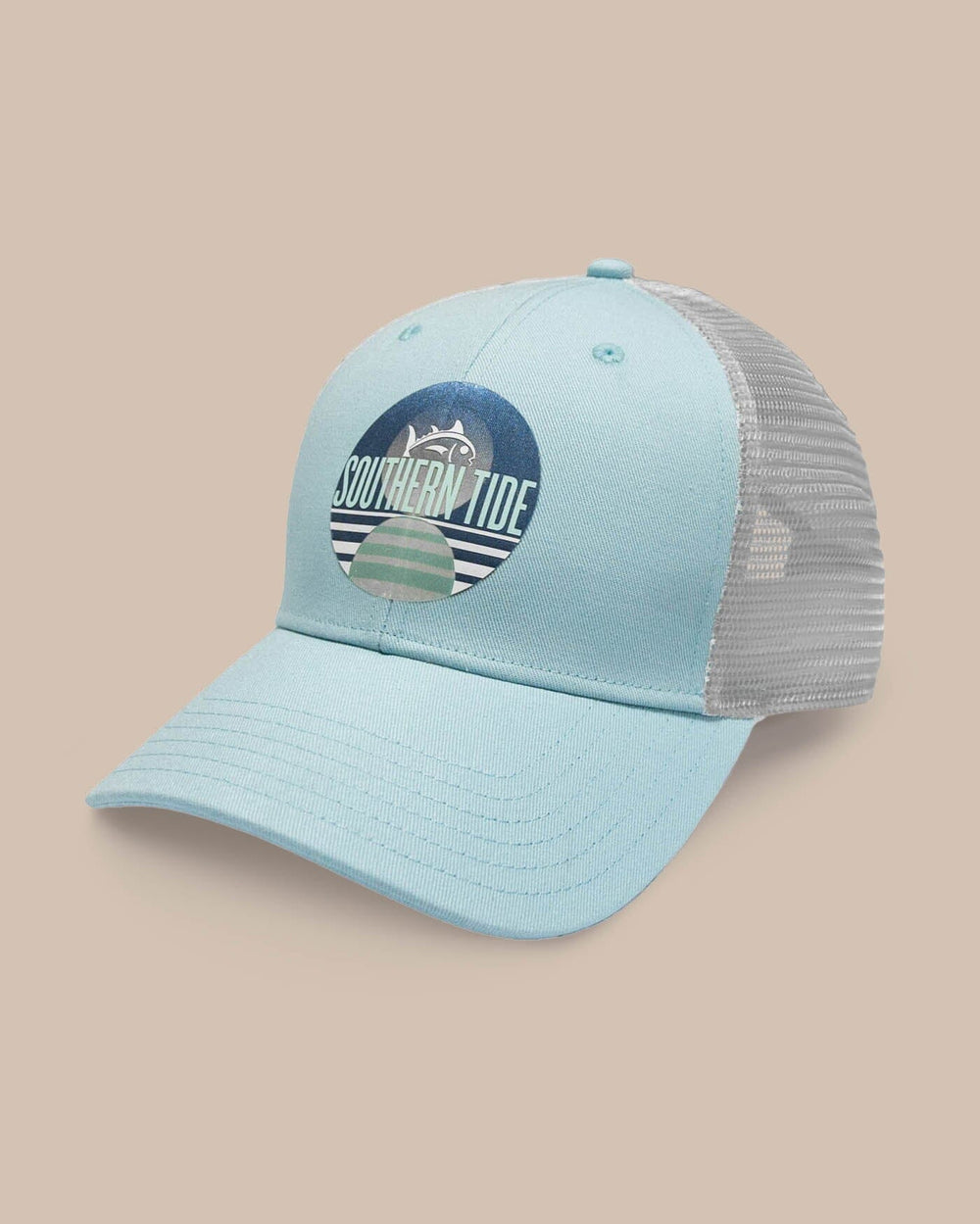 The front view of the Southern Tide Skipjack and Stripes Trucker Hat by Southern Tide - Light Blue