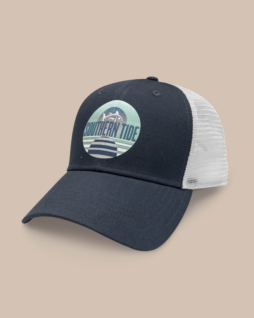 The front view of the Southern Tide Skipjack and Stripes Trucker Hat by Southern Tide - Navy