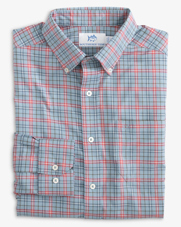 The front view of the Southern Tide Skipjack Woodward Plaid Sport Shirt by Southern Tide - Mountain Spring Blue