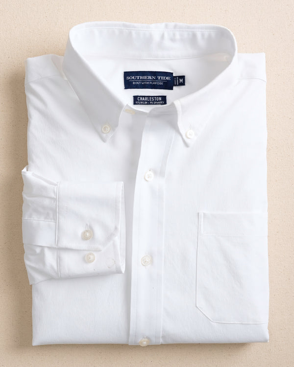 The front view of the Southern Tide Solid Brrr°® Intercoastal Performance Sport Shirt by Southern Tide - Classic White
