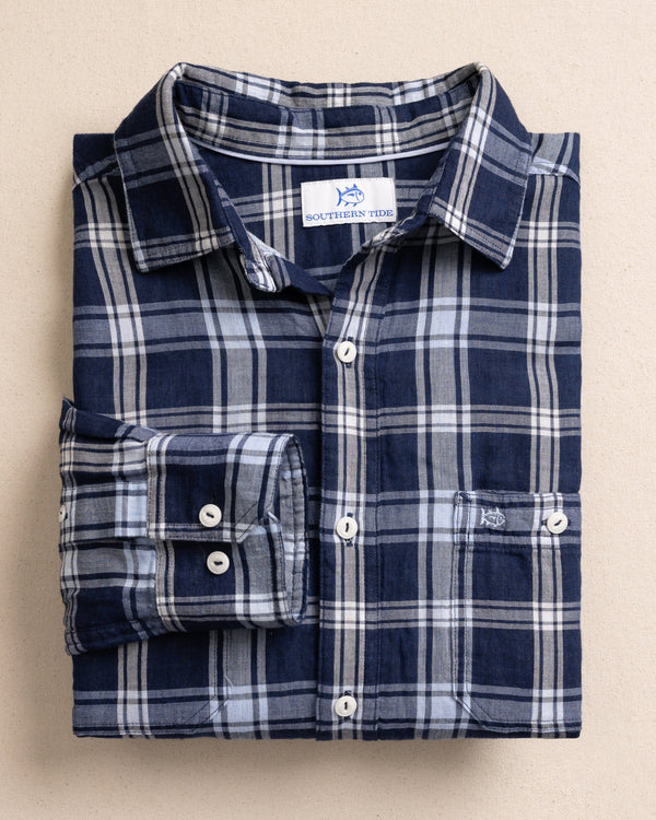 The front view of the Southern Tide Somerset Plaid Heather Double Cloth Long Sleeve Sport Shirt by Southern Tide - Heather Dress Blue