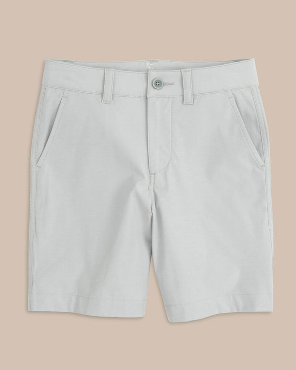 The front view of the Kid's Grey T3 Gulf Short by Southern Tide - Seagull Grey