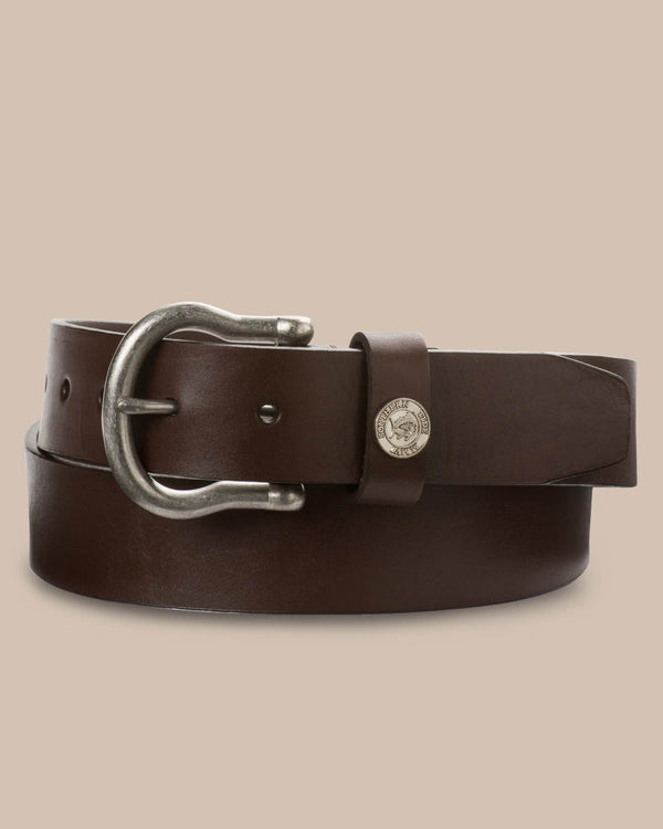 The front detail of the Men's Brown Classic Leather Belt by Southern Tide - Dark Brown