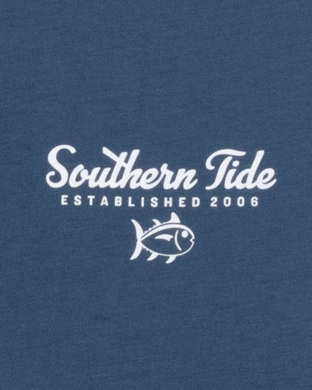 The detail view of the Southern Tide Striped Sunset Palms Short Sleeve T-shirt by Southern Tide - Aged Denim