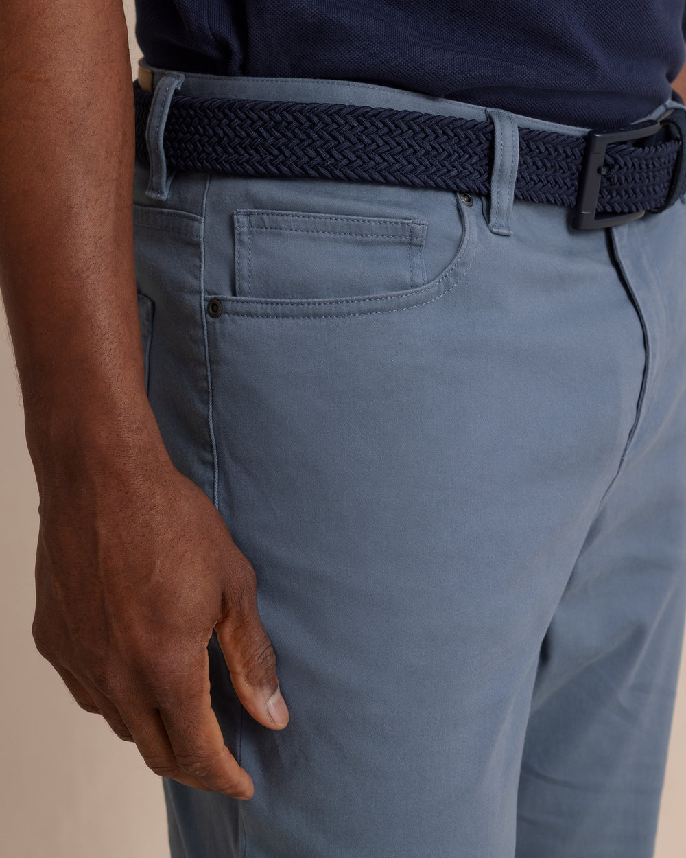 The detail view of the Southern Tide Sullivan Five Pocket Pant Blue Haze by Southern Tide - Blue Haze