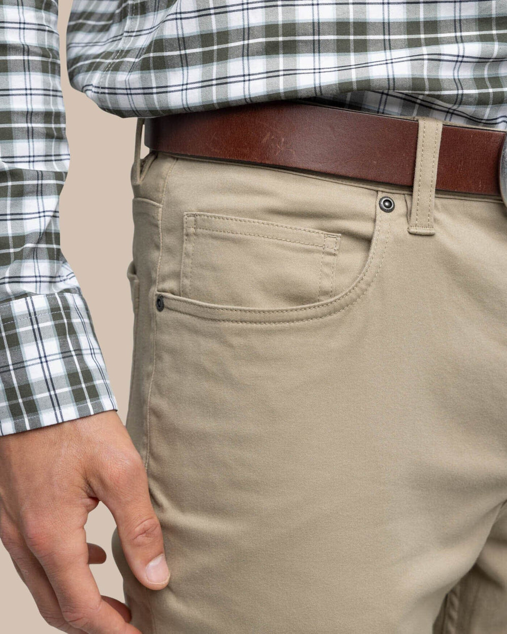 The detail view of the Southern Tide Sullivan Five Pocket Pant by Southern Tide - Sandstone Khaki