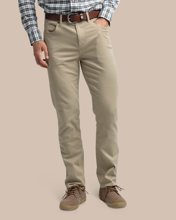 The front view of the Southern Tide Sullivan Five Pocket Pant by Southern Tide - Sandstone Khaki