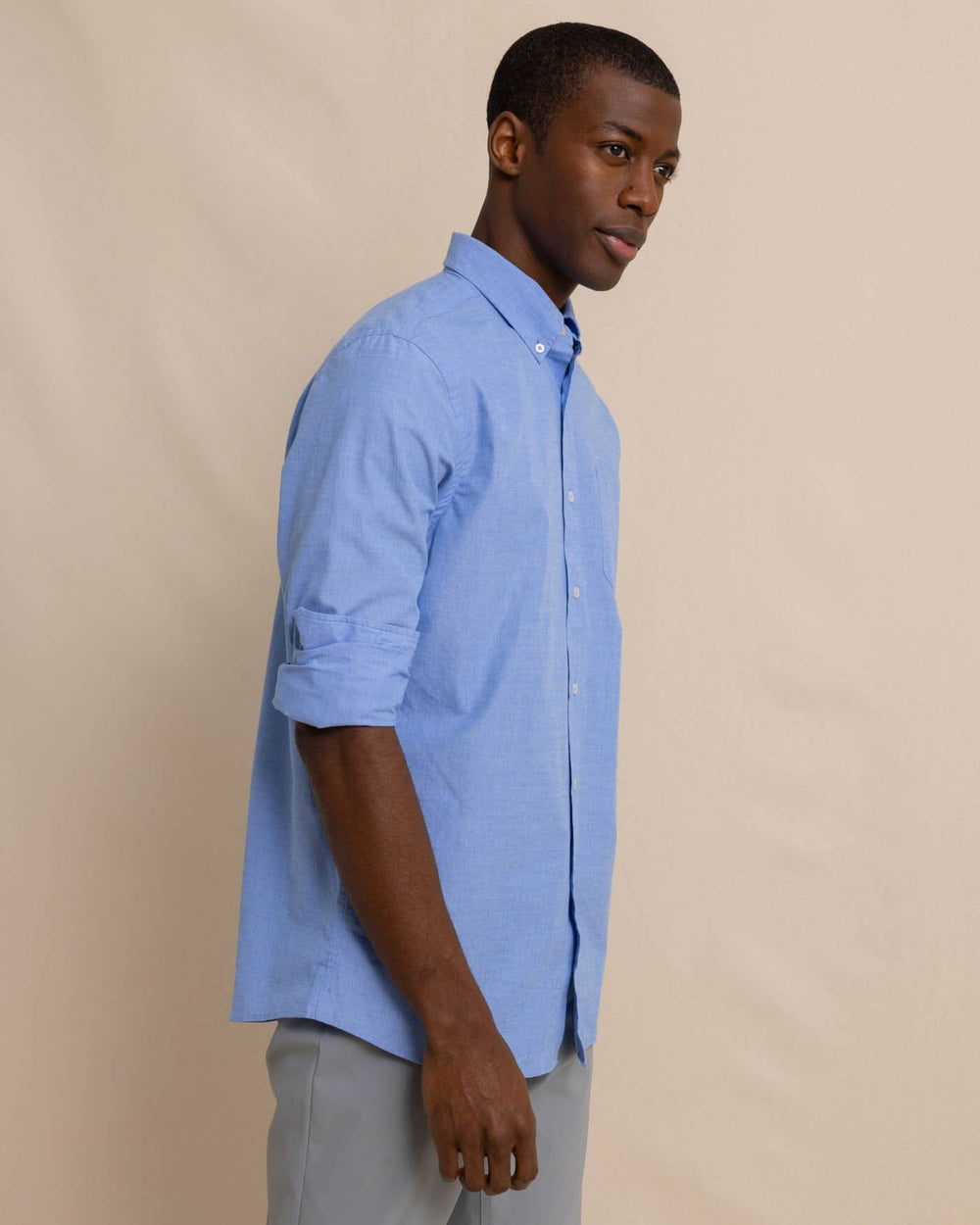 The front view of the Men's Blue Sullivans Solid Button Down Shirt by Southern Tide - Sail Blue