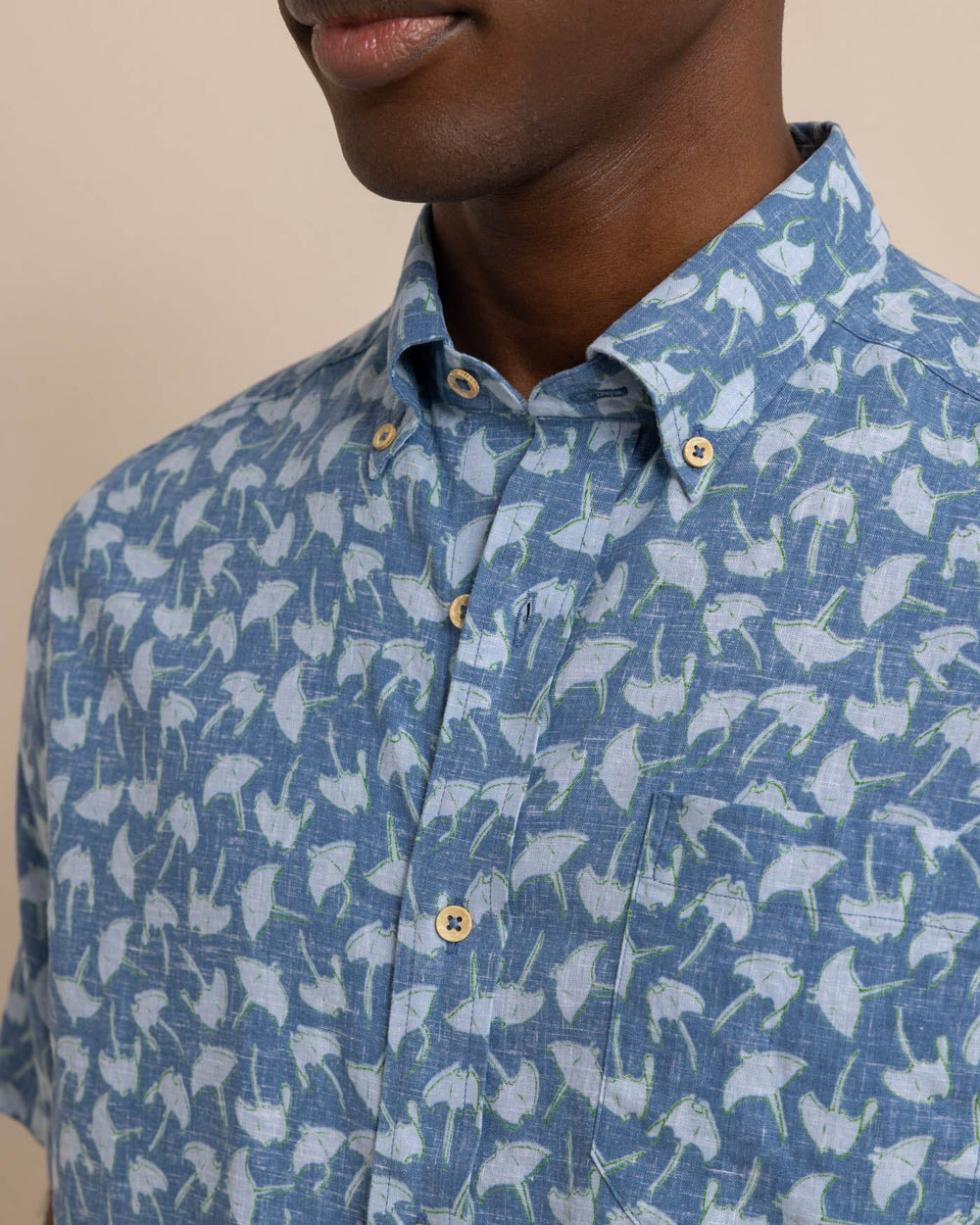 The detail view of the Southern Tide Summer Rays Short Sleeve Sport Shirt by Southern Tide - Coronet Blue