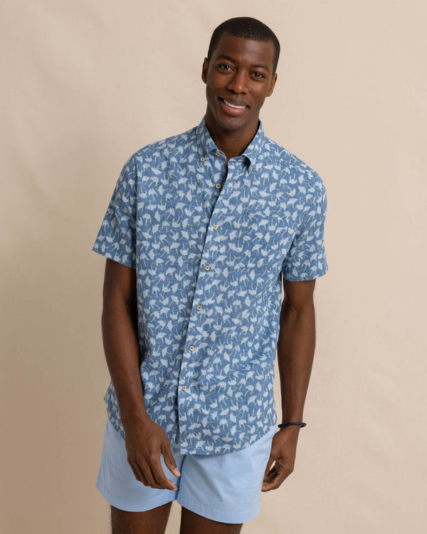The front view of the Southern Tide Summer Rays Short Sleeve Sport Shirt by Southern Tide - Coronet Blue