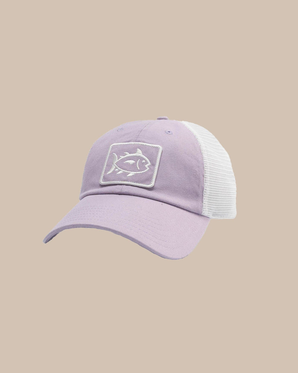 The front view of the Southern Tide Sun Farer Skipjack Fly Patch Trucker Hat by Southern Tide - Orchid Petal