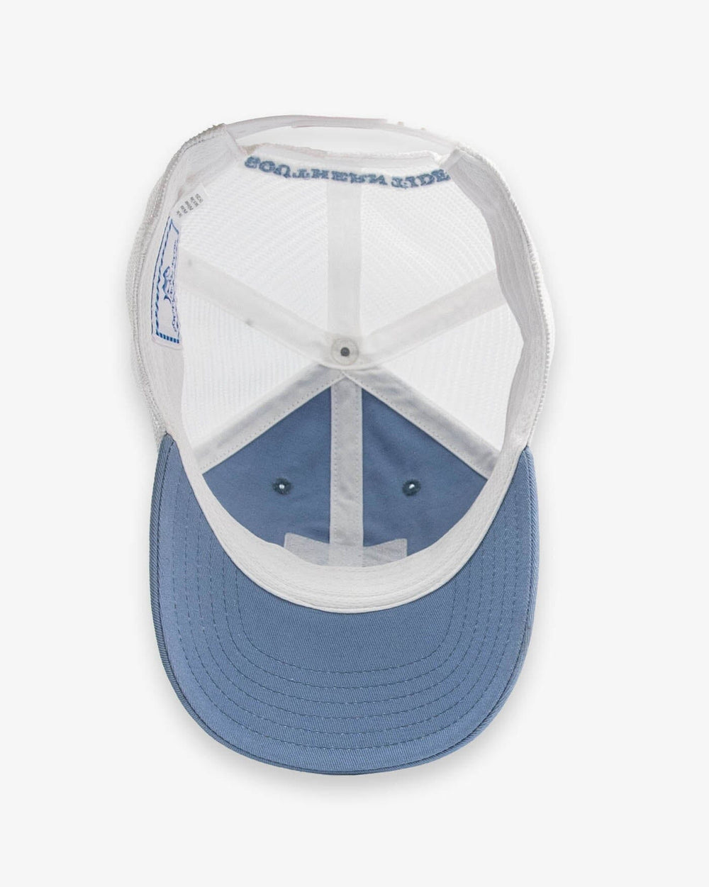 The detail view of the Southern Tide Sun Farer Skipjack Fly Patch Trucker Hat by Southern Tide - Subdued Blue