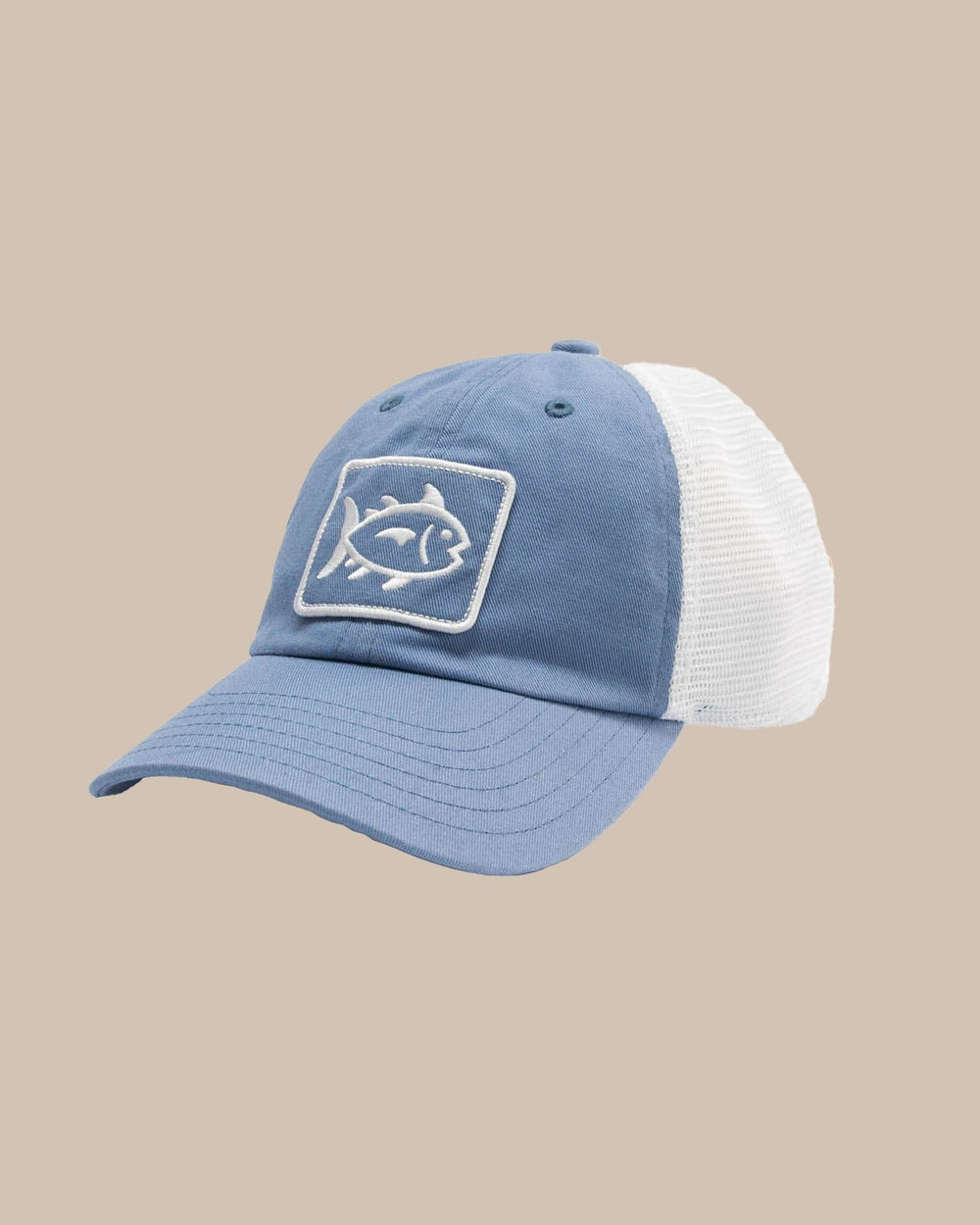 The front view of the Southern Tide Sun Farer Skipjack Fly Patch Trucker Hat by Southern Tide - Subdued Blue