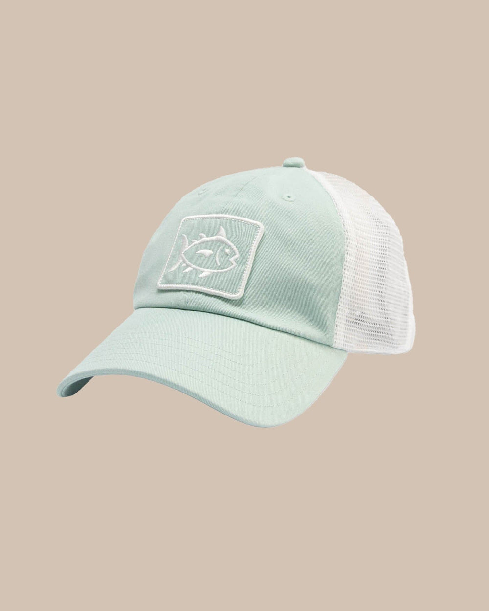 The front view of the Southern Tide Sun Farer Skipjack Fly Patch Trucker Hat by Southern Tide - Surf Spray Sage