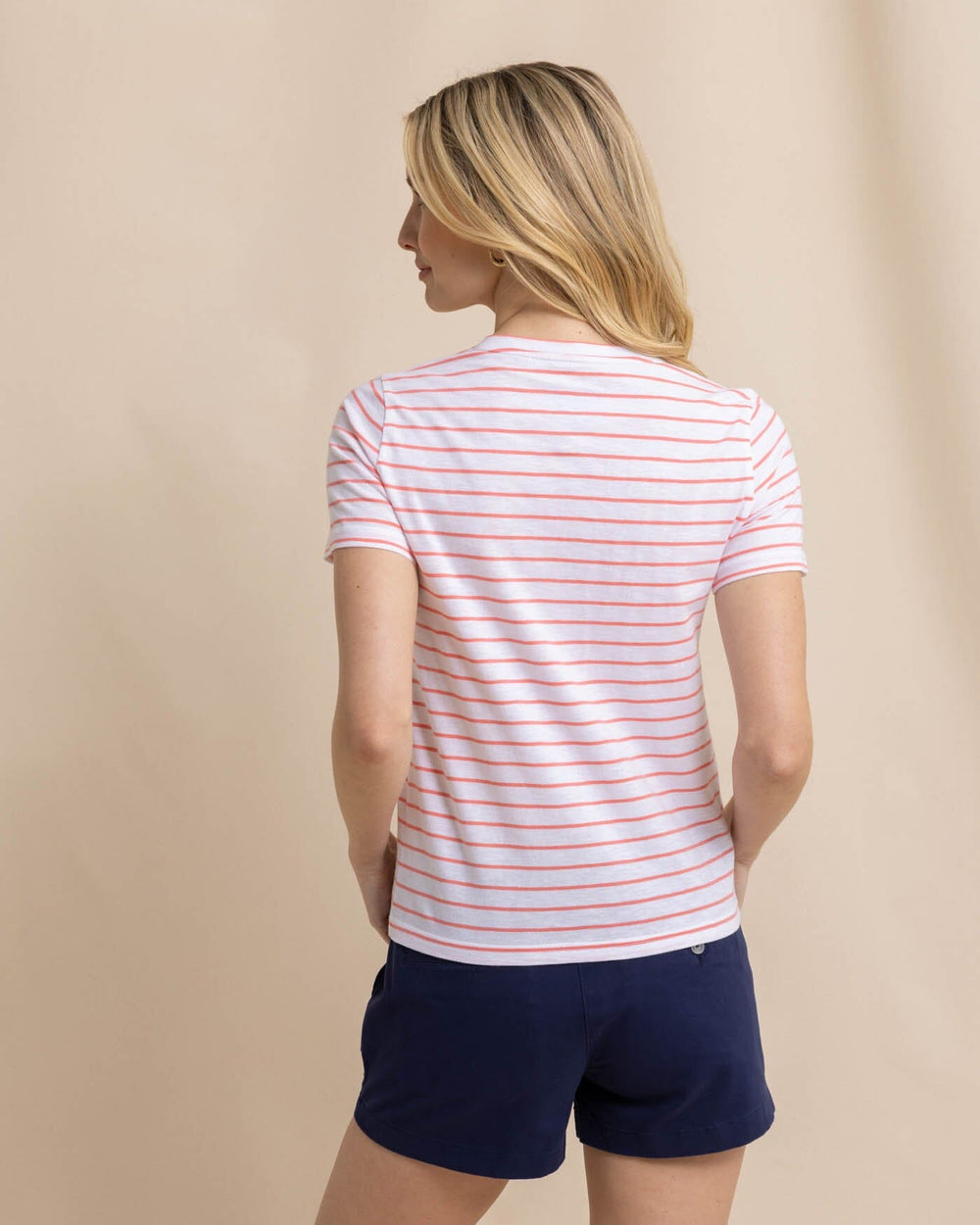 The back view of the Southern Tide Sun Farer Stripe Crew Neck T-Shirt by Southern Tide - Conch Shell