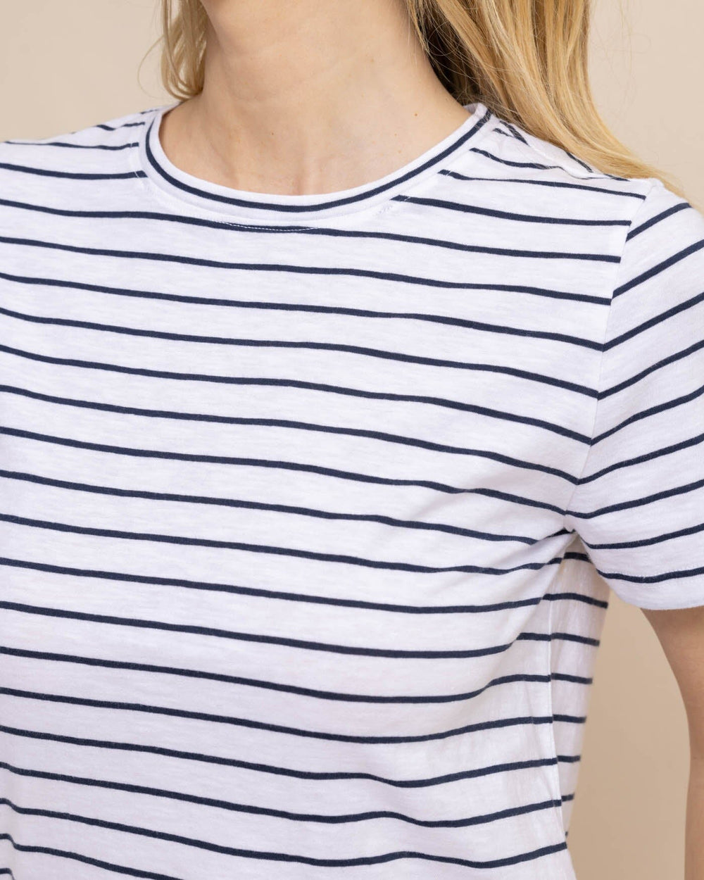 The detail view of the Southern Tide Sun Farer Stripe Crew Neck T-Shirt by Southern Tide - Dress Blue
