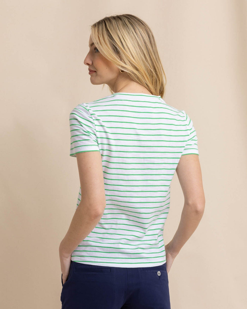 The back view of the Southern Tide Sun Farer Stripe Crew Neck T-Shirt by Southern Tide - Lawn Green