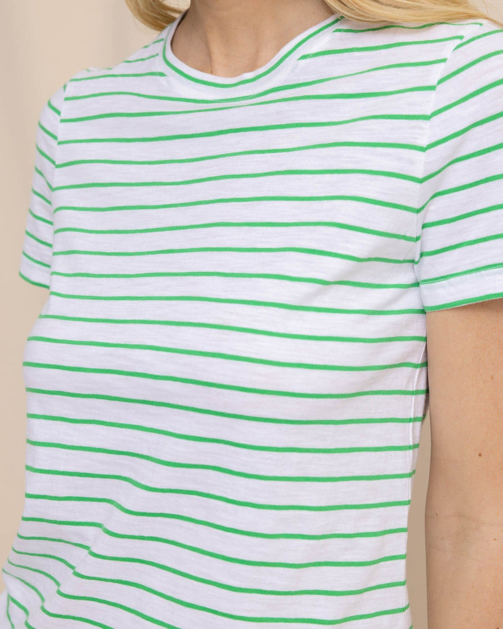 The detail view of the Southern Tide Sun Farer Stripe Crew Neck T-Shirt by Southern Tide - Lawn Green