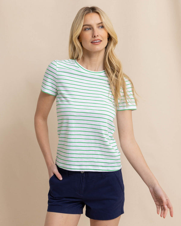 The front view of the Southern Tide Sun Farer Stripe Crew Neck T-Shirt by Southern Tide - Lawn Green