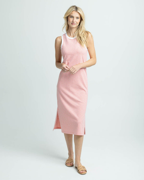 The front view of the Southern Tide Sun Farer Stripe Midi Tank Dress by Southern Tide - Conch Shell