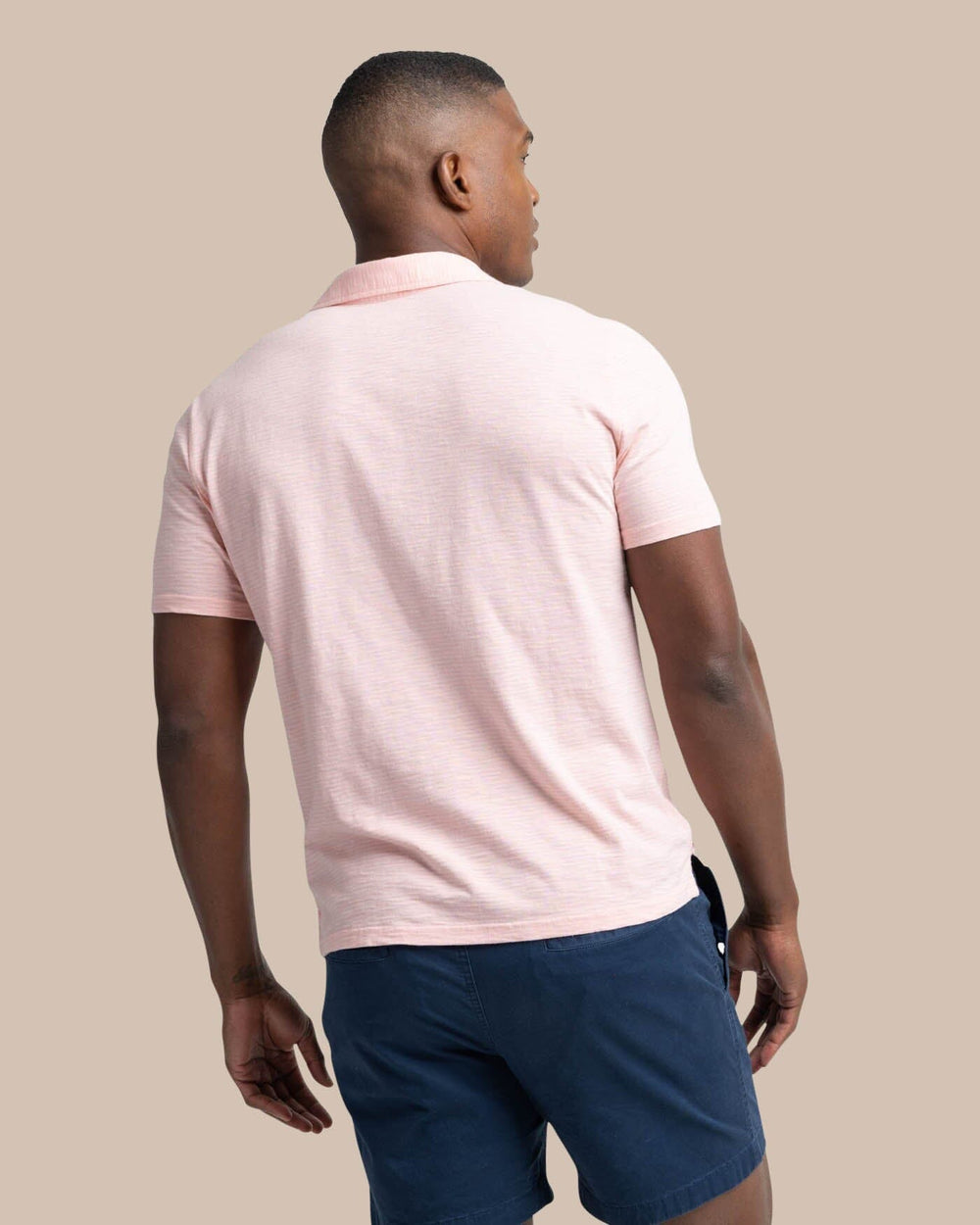The back view of the Southern Tide Sun Farer Summertree Stripe Polo by Southern Tide - Pale Rosette Pink