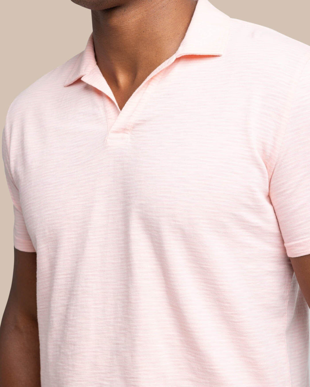 The detail view of the Southern Tide Sun Farer Summertree Stripe Polo by Southern Tide - Pale Rosette Pink