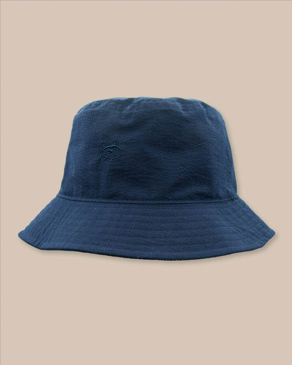 The front view of the Southern Tide Sun Washed Seersucker Bucket Hat by Southern Tide - Navy