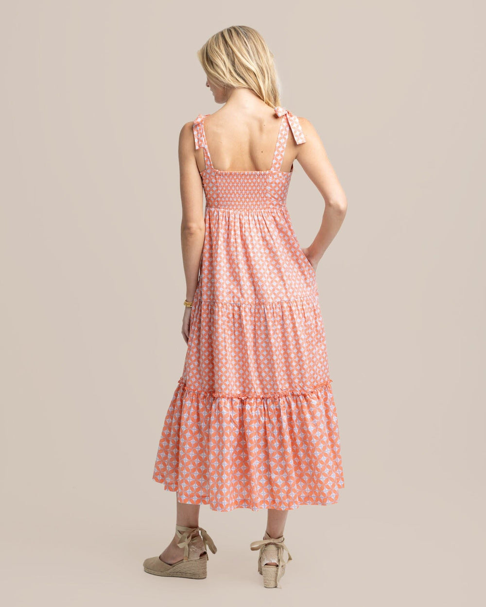 The back view of the Southern Tide Sylvi Sun Daze Geo Printed Maxi Dress by Southern Tide - Conch Shell