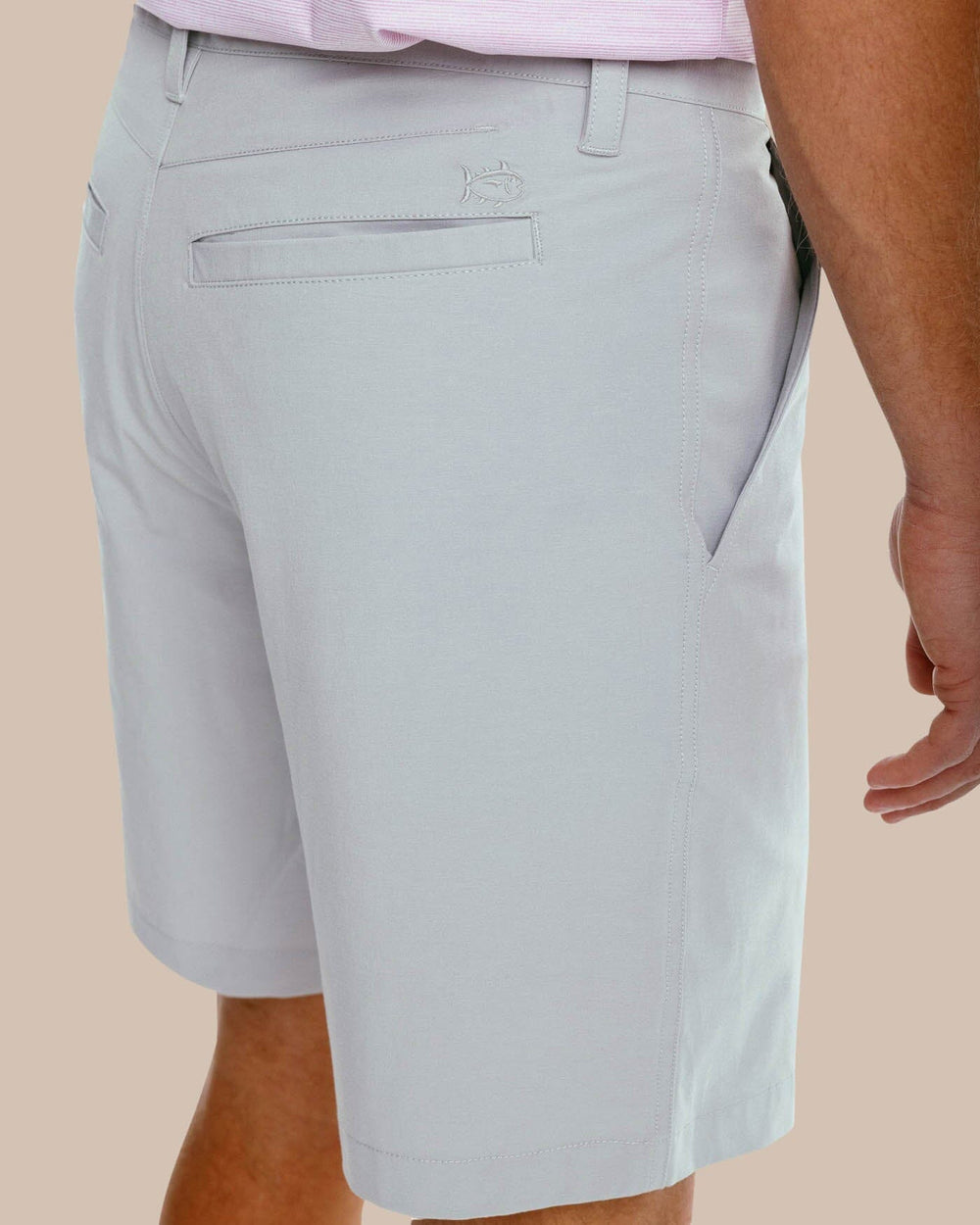 The detail of the Men's T3 Gulf 9 Inch Performance Short by Southern Tide - Seagull Grey