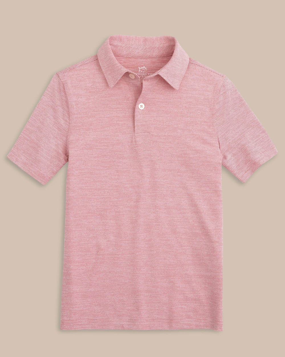The front view of the Southern Tide Team Colors Boy's Driver Spacedye Polo Shirt by Southern Tide - Varsity Red
