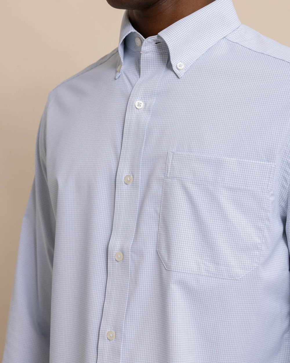 The detail view of the Team Colors Gingham Intercoastal Sport Shirt by Southern Tide - Slate Grey