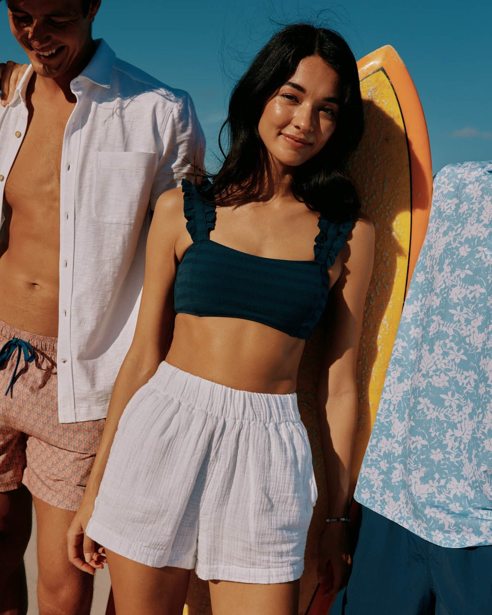 The front view of the Southern Tide Ruffle Bikini Top in Texture by Southern Tide - Dress Blue