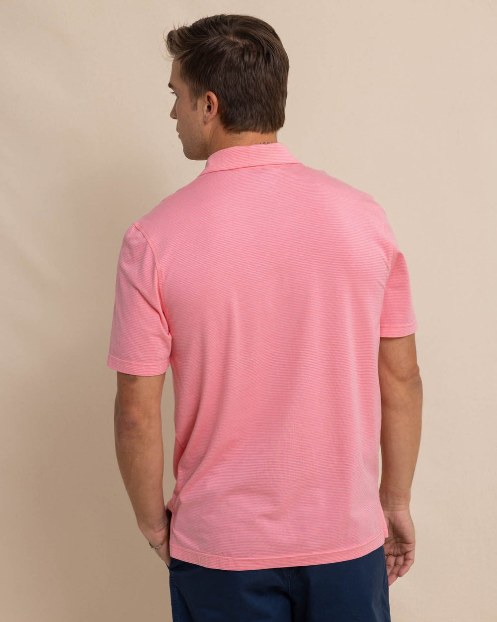 The back view of the Southern Tide The Seaport Davenport Stripe Polo by Southern Tide - Geranium Pink