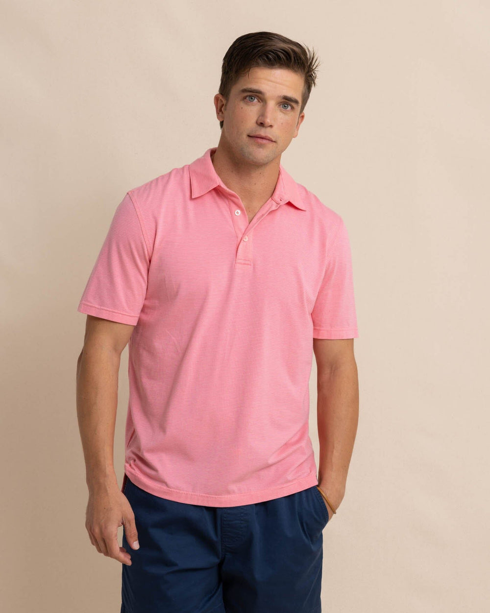 The front view of the Southern Tide The Seaport Davenport Stripe Polo by Southern Tide - Geranium Pink