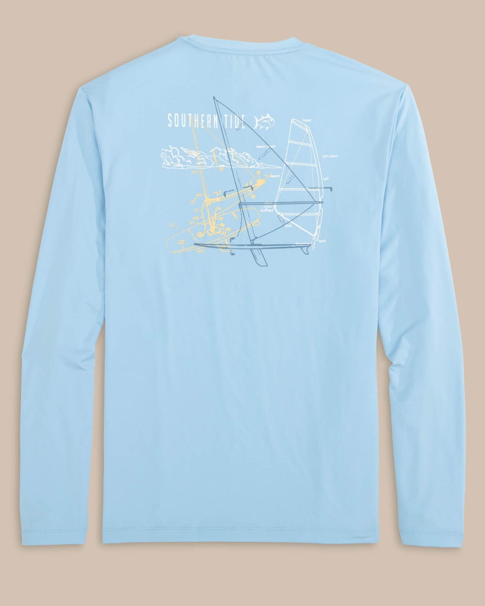 The back view of the Southern Tide Windsurfer Long Sleeve Performance T-shirt by Southern Tide - Clearwater Blue