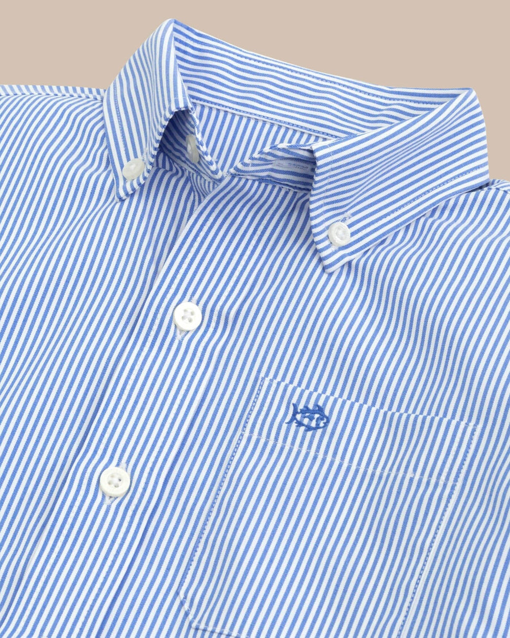 The detail view of the Southern Tide Youth Bengal Stripe Intercoastal Sport Shirt by Southern Tide - Cobalt Blue