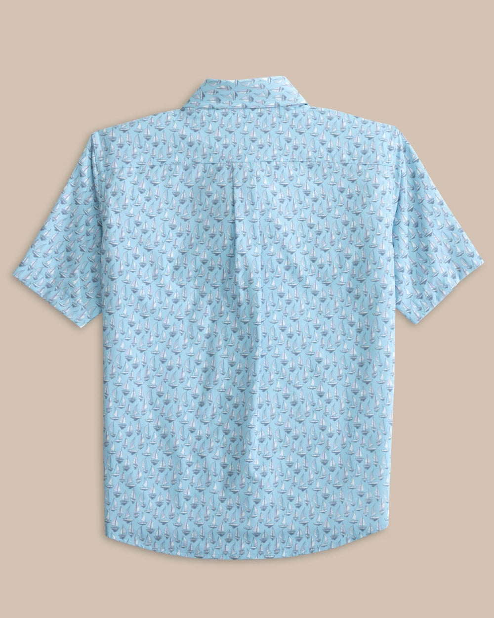 The back view of the Southern Tide Youth Intercoastal Forget A-Boat It Short Sleeve Sport Shirt by Southern Tide - Clearwater Blue