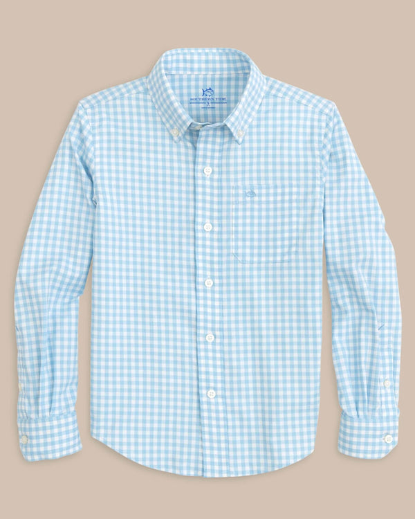 The front view of the Southern Tide Youth Long Sleeve Hartwell Plaid Sportshirt by Southern Tide - Rain Water