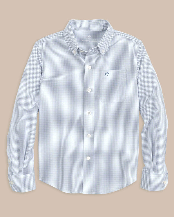 The front view of the Southern Tide Youth Rosemont Tattersall Intercoastal Sport Shirt by Southern Tide - Seven Seas Blue