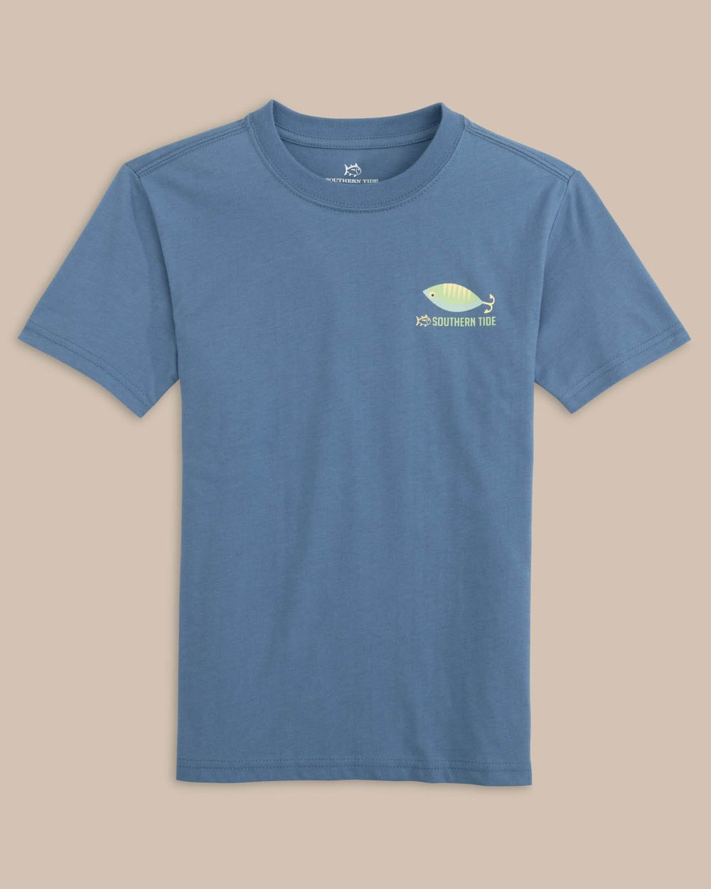 The front view of the Southern Tide Youth Skipjack Lure Fill Short Sleeve T-shirt by Southern Tide - Coronet Blue
