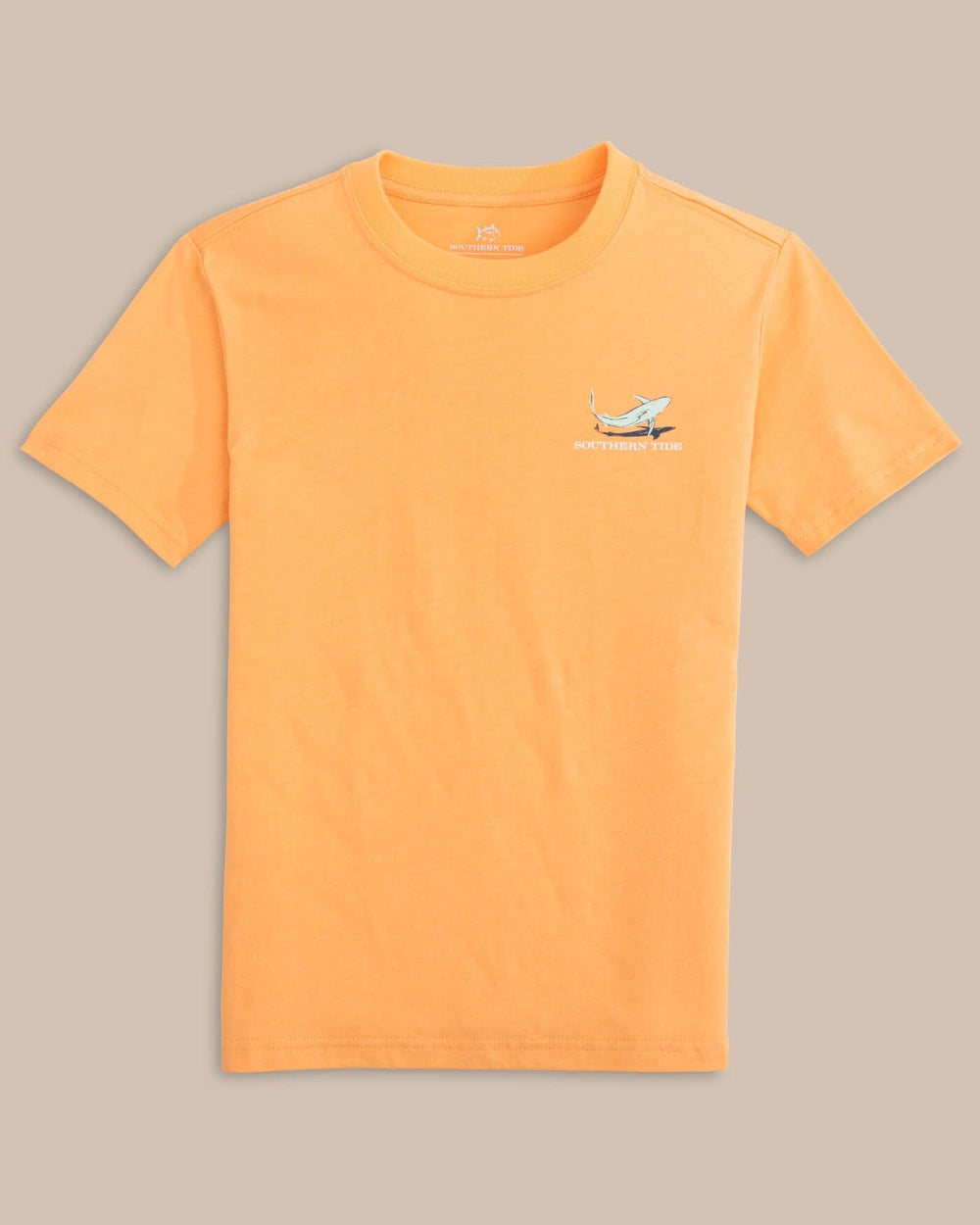 The front view of the Southern Tide Youth Yachts of Sharks Short Sleeve T-shirt by Southern Tide - Salmon Bluff Orange