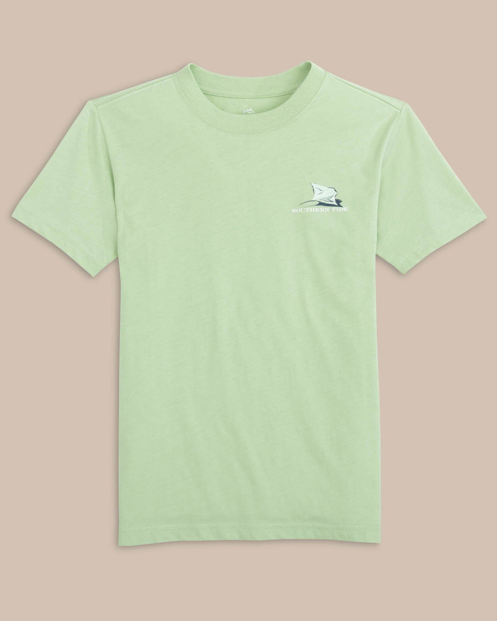 The front view of the Southern Tide Youth Yachts of Sharks Short Sleeve T-shirt by Southern Tide - Smoke Green